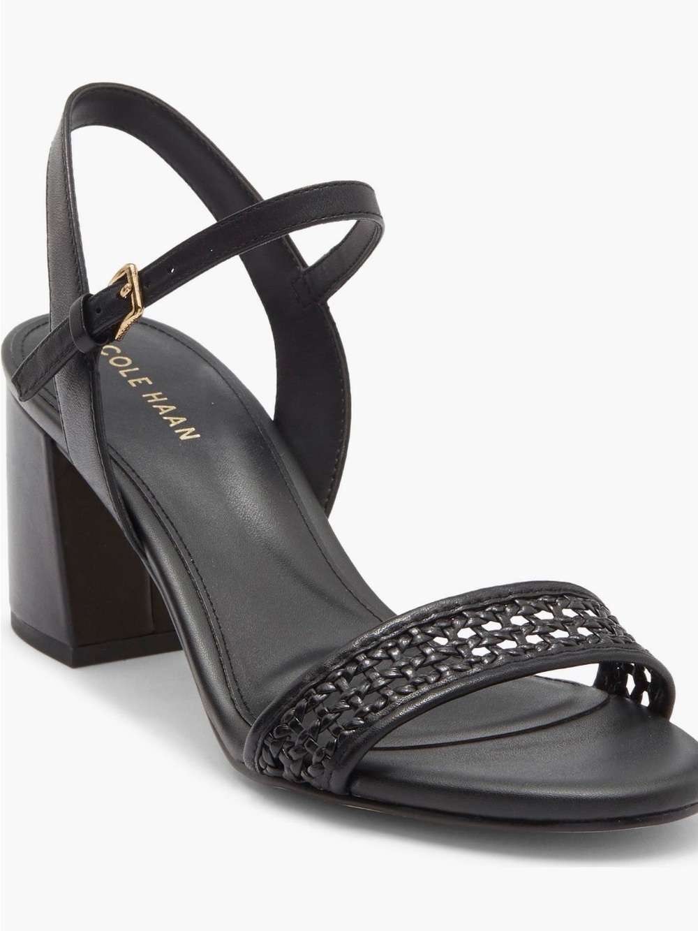 Cole Haan Black Leather Woven Front Block Heel Sandal “Josie” Size 8
